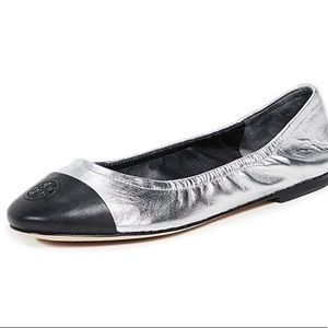 Tory Burch Silver and Black Cap Toe Flat Size 9.5 -Worn Once